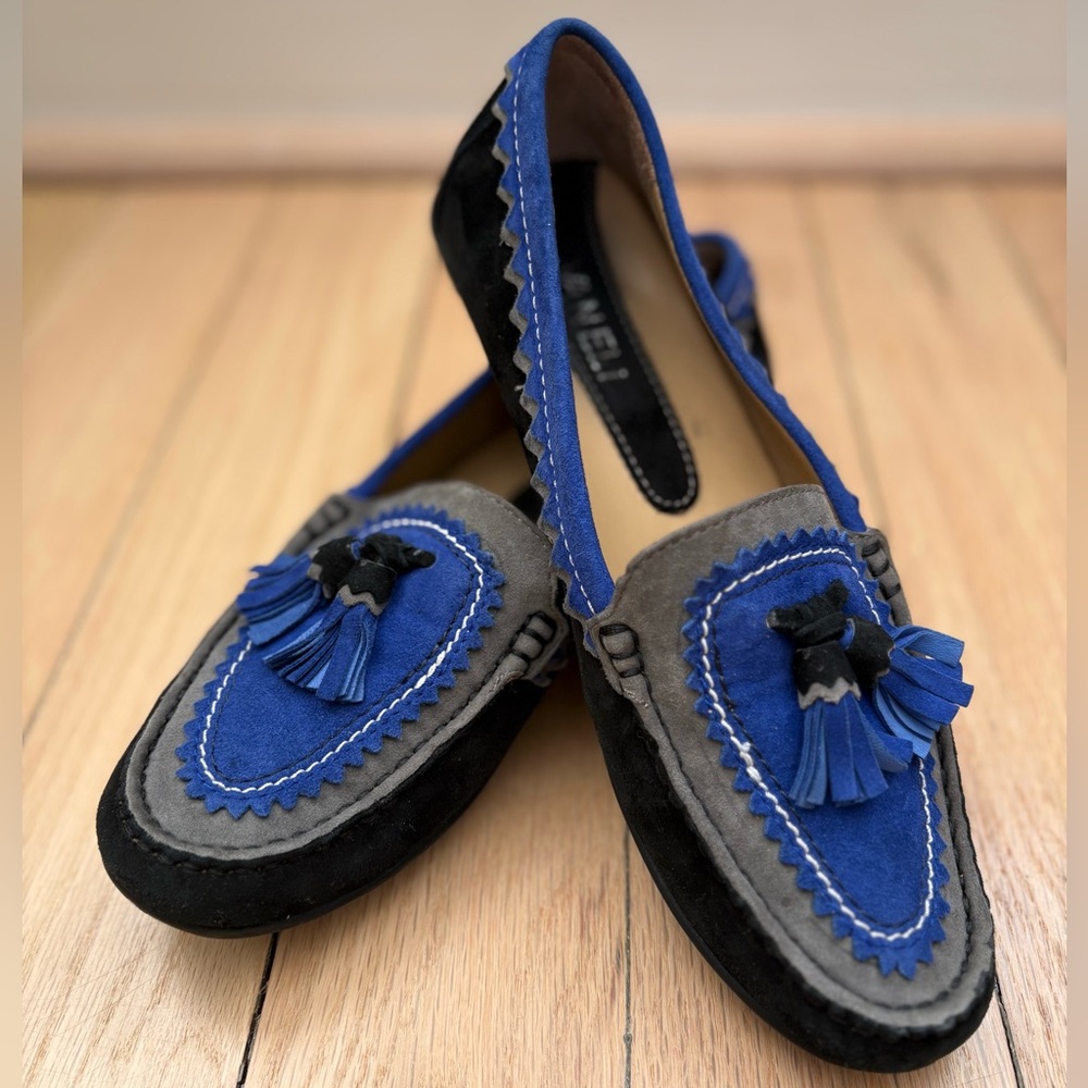 Vaneli Blue and Black Suede Loafers with Tassel, Size 7